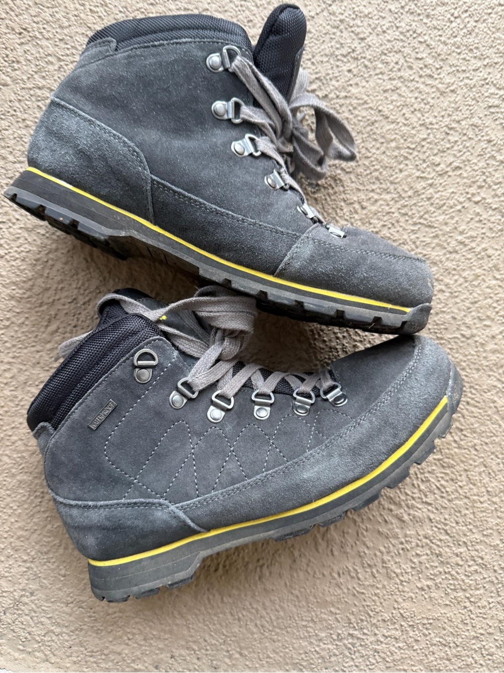 BearPaw Gray Suede Ankle Hiking Boots with Yellow Trim